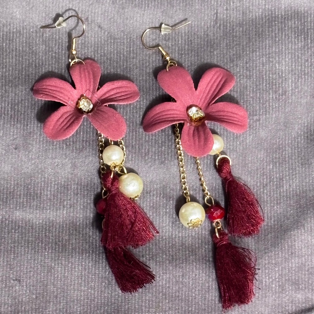 Flower Pearl Tassel Dangle Earrings Womens Burgundy Pink Boho